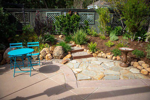 A xeriscaped patio area