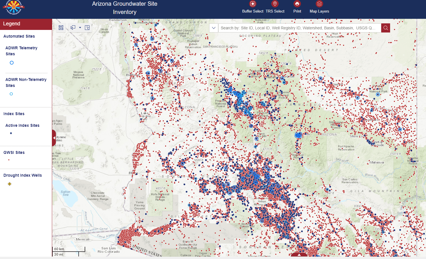 Screenshot of Arizona's groundwater site inventory app