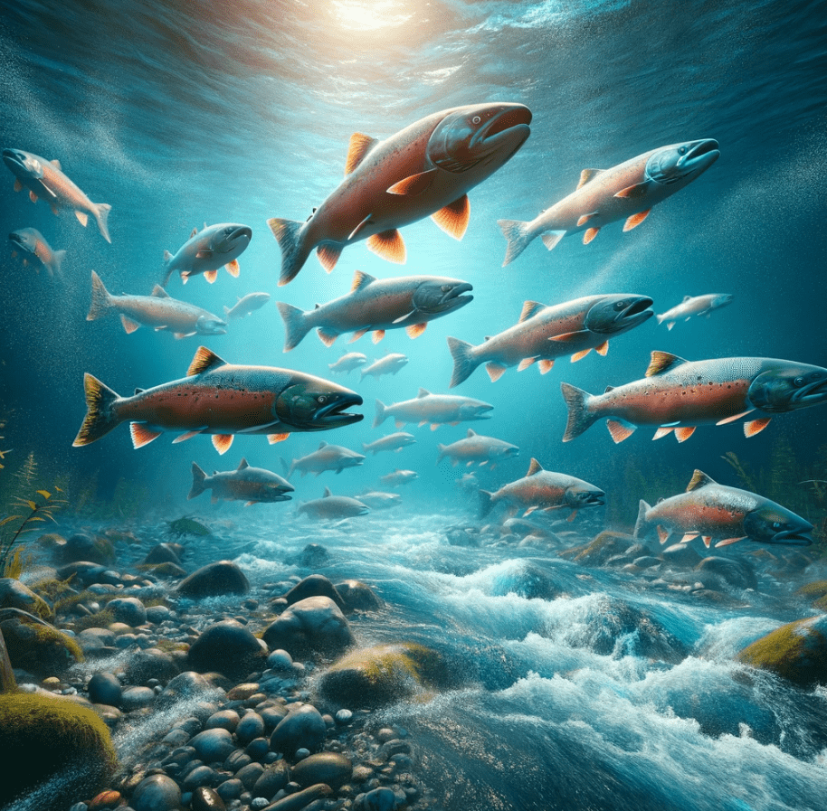 salmon swimming in river