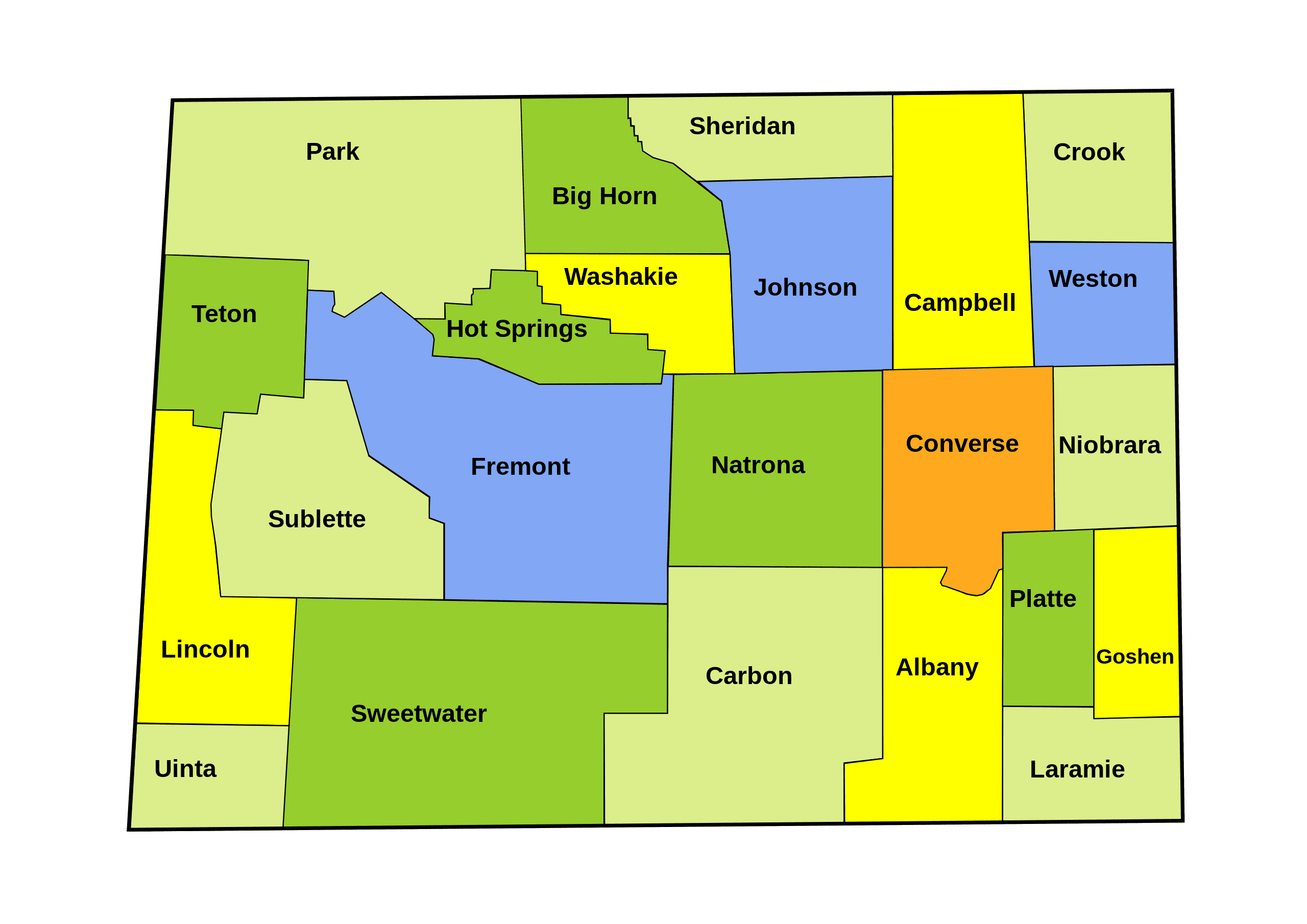 Map of Wyoming counties, helpful to locate the current Wyoming wildfire.