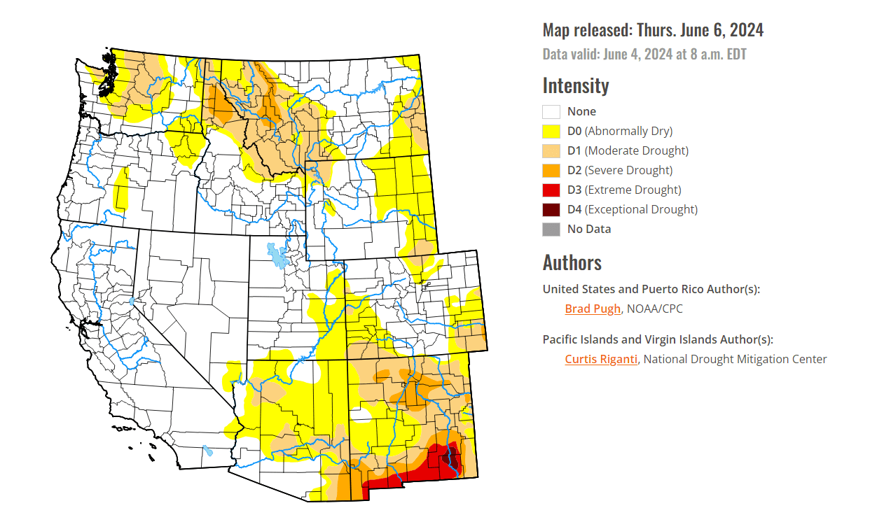 US Drought Monitor map of the Western US released June 6 2024