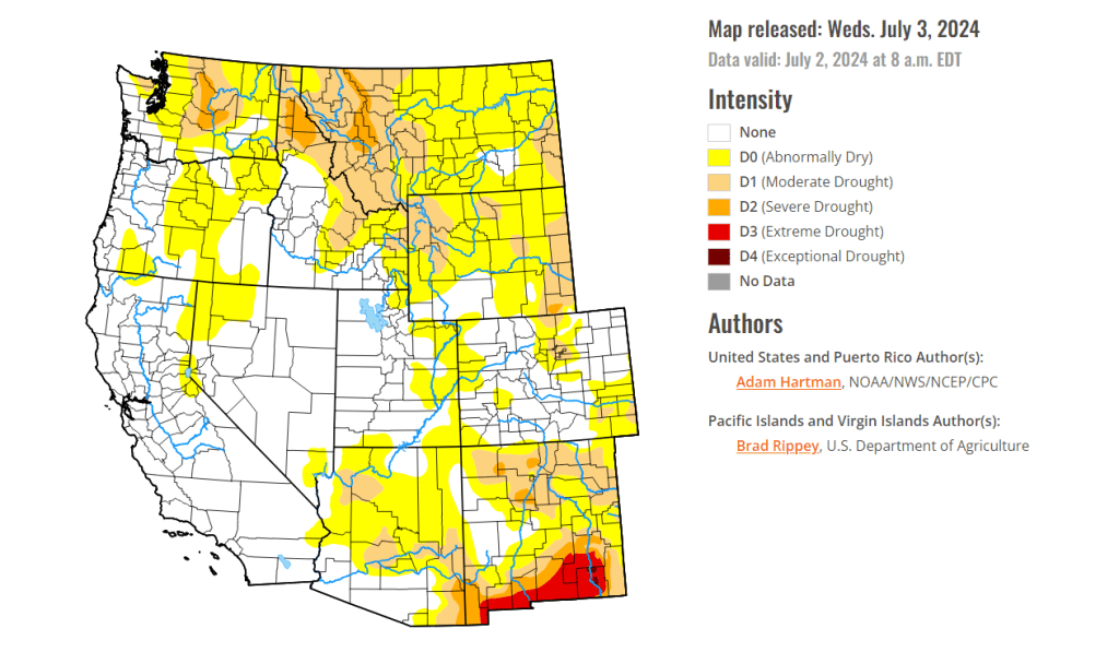 U.S. Drought Monitor Map of the West released July 3, 2024