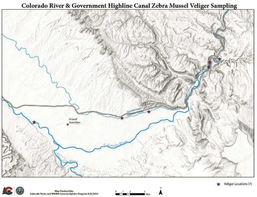 A Colorado Parks and Wildlife map shows the locations where zebra mussel DNA has been detected along the Colorado River and Government Highline Canal. (CPW)