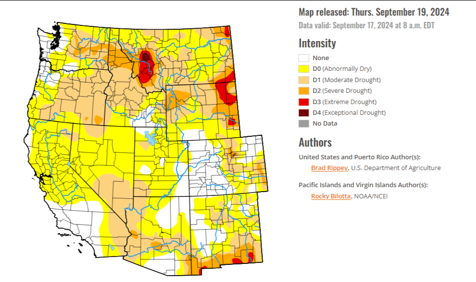 U.S. Drought Monitor map of the West effective September 17, 2024