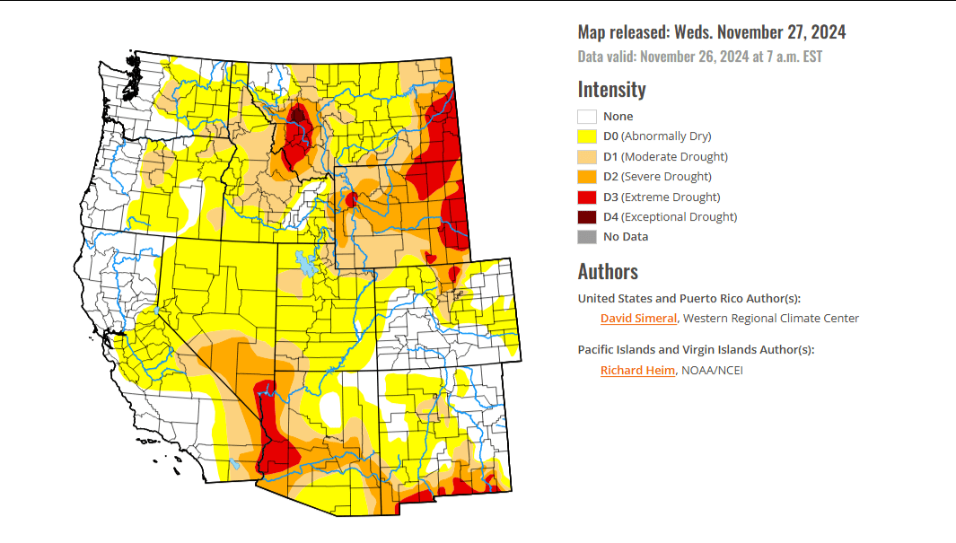 U.S. Drought Monitor map of the West issued on November 27, 2024