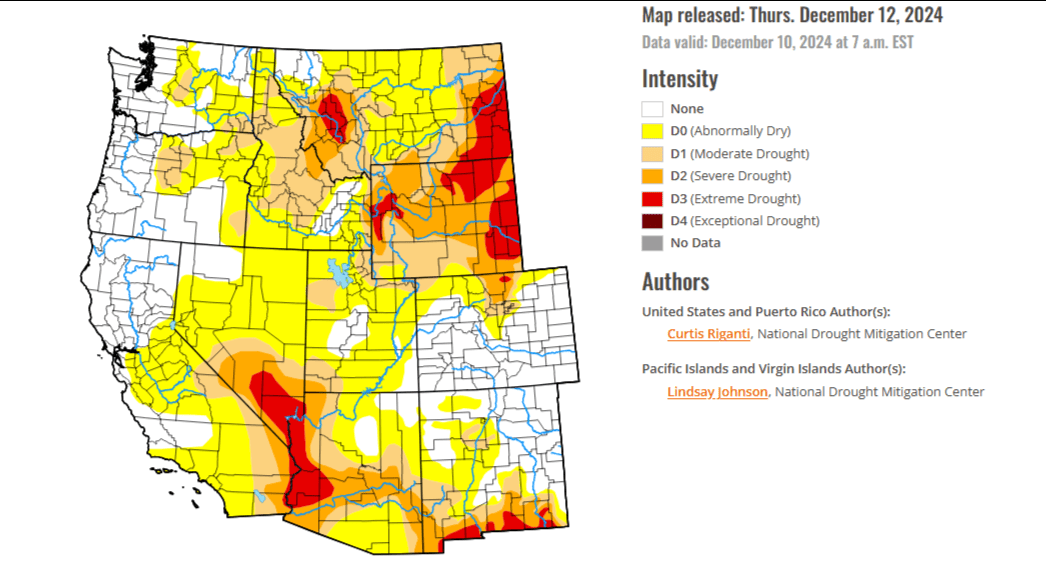 U.S. Drought Monitor map of the west, effective December 10, 2024