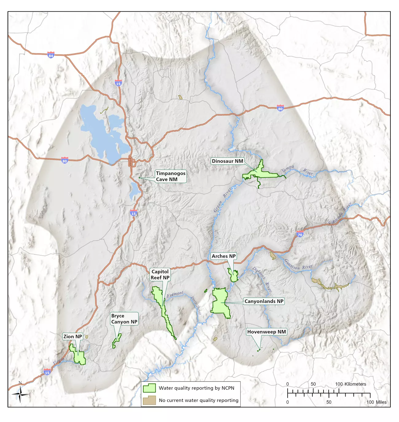 Map of National Parks in the Northern Colorado Plateau where water quality was monitored