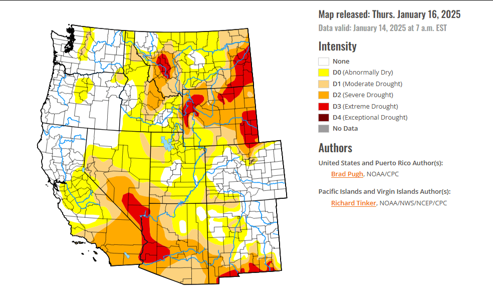 Dry conditions deepen drought across the West, with severe impacts in California and snowpack concerns in the Four Corners. Some areas see improvements.