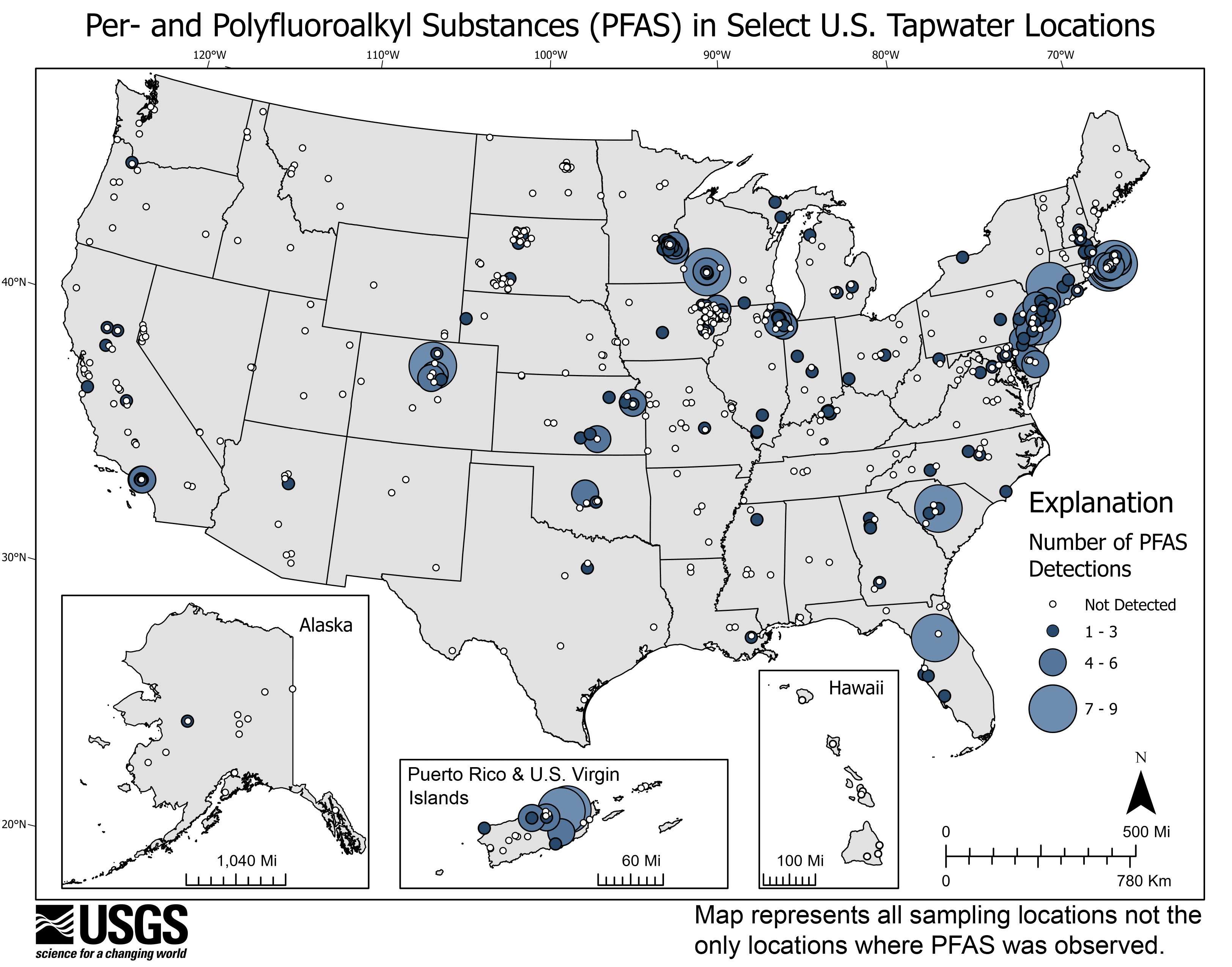 USGS map of PFAS contamination in tapwater (Jan 2022)