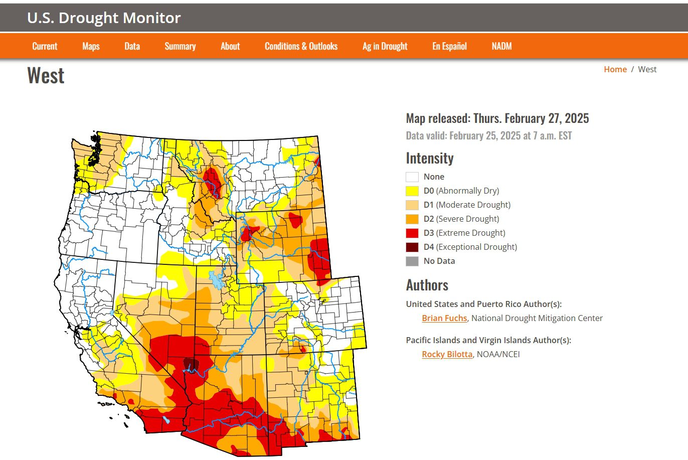 U.S. Drought Monitor map effective February 25, 2025