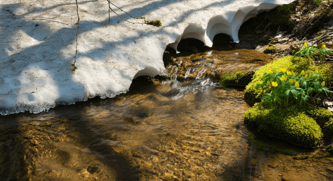 Snowmelt draining into a stream (AI generated image)