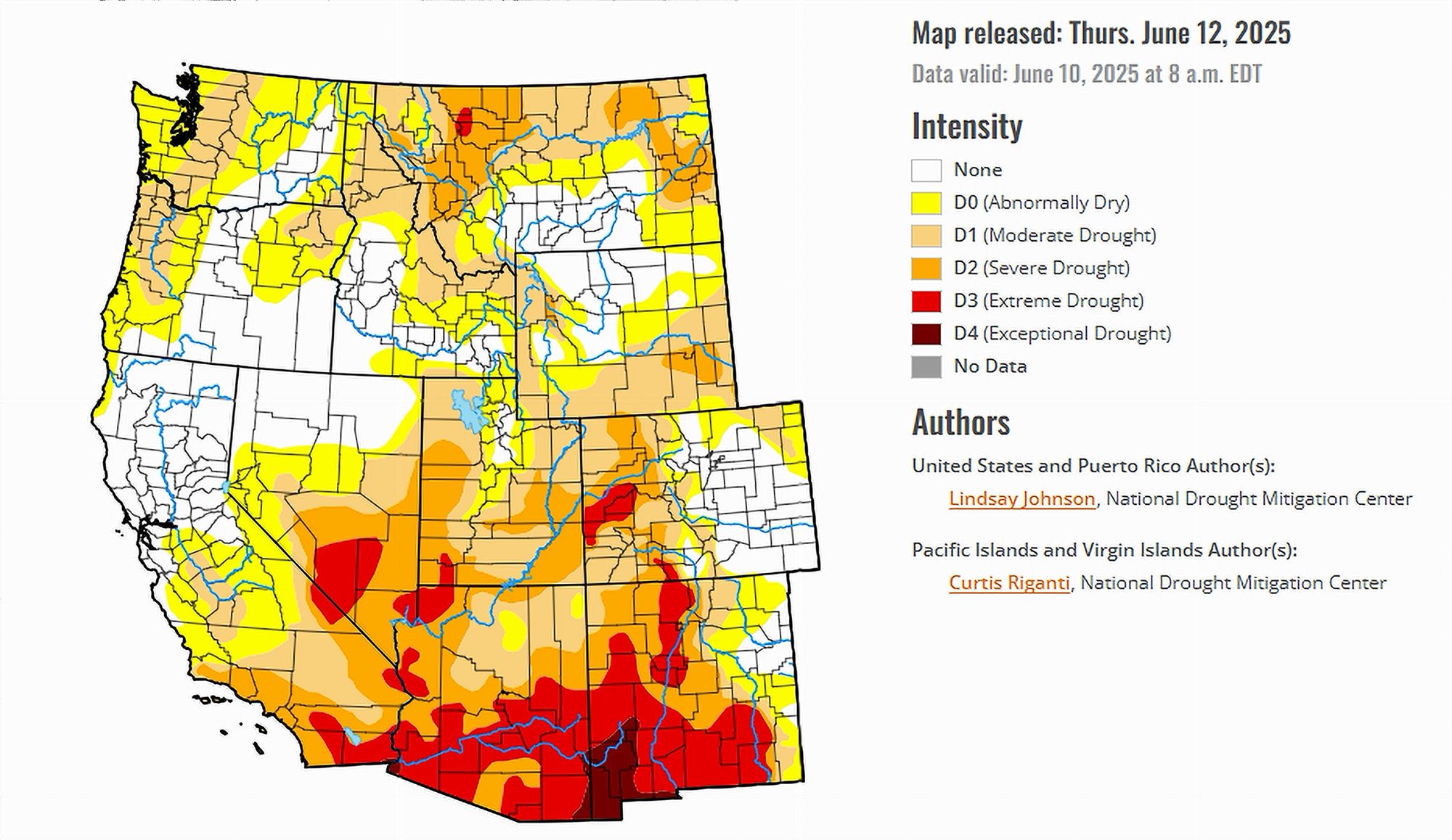 US Drought Monitor map released June 12, 2025, showing Western region