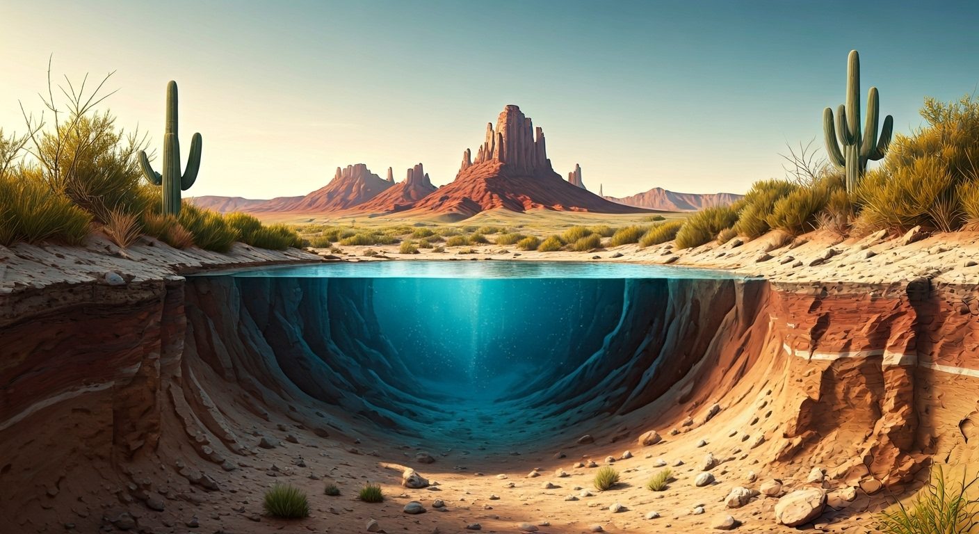 Conceptual AI-generated image of groundwater in an arid area