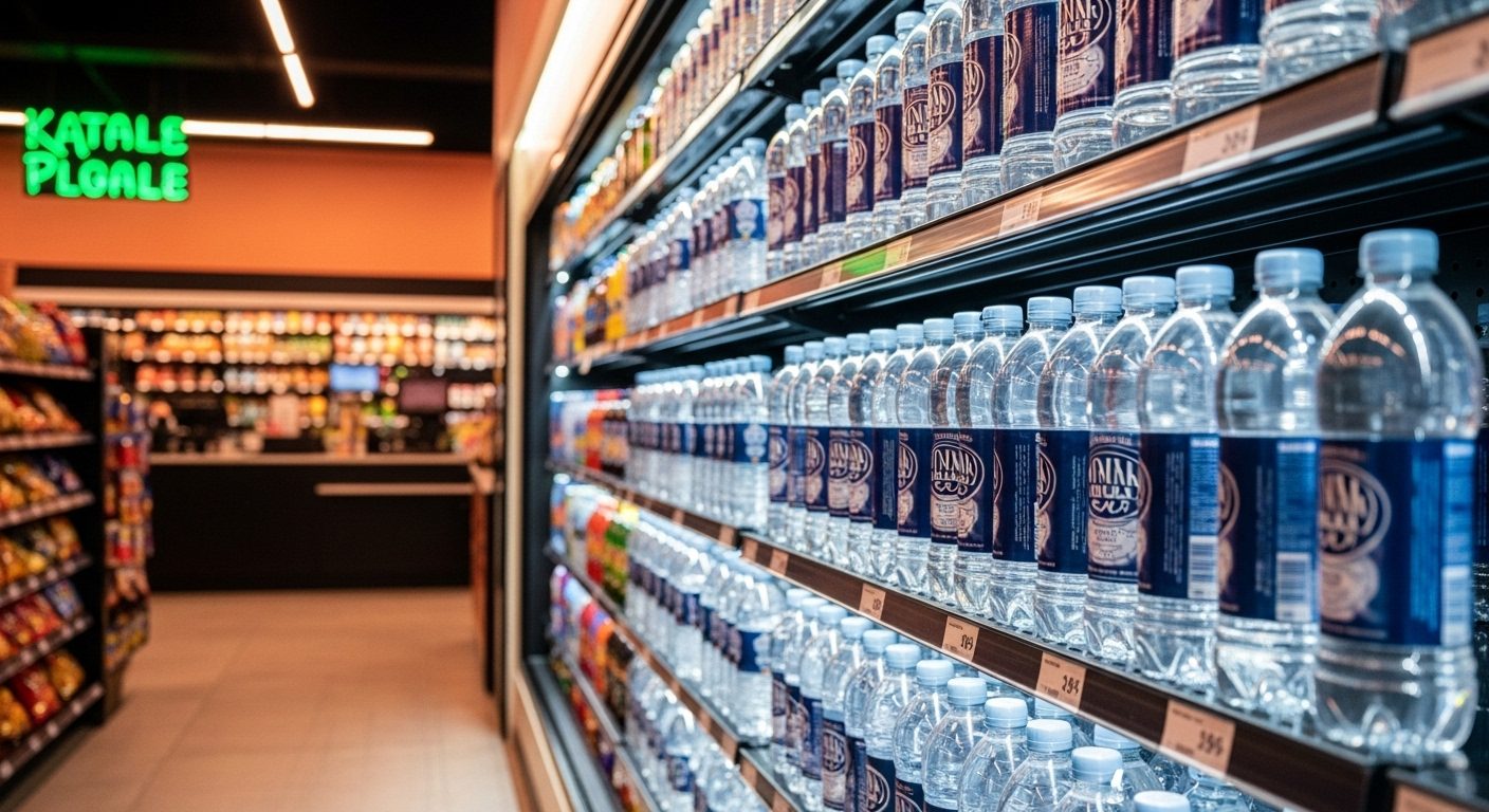 Bottled water display in grocery store (AI generated image)