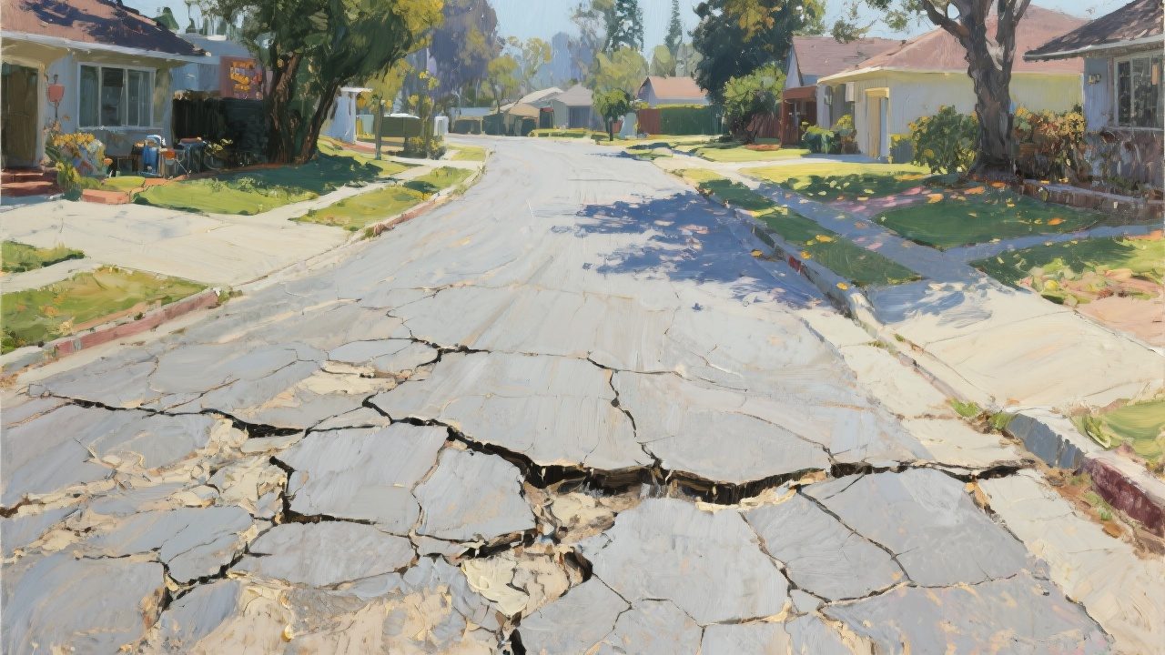AI generated depiction of land subsidence in California residential neighborhood