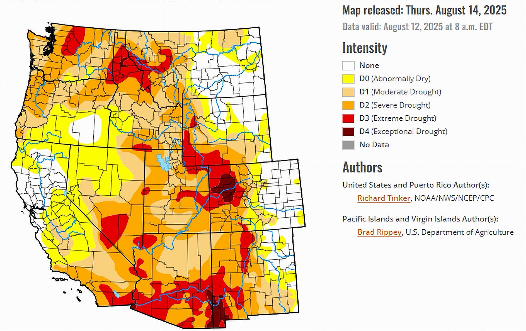 US Drought Monitor Map of the West dated August 14, 2025