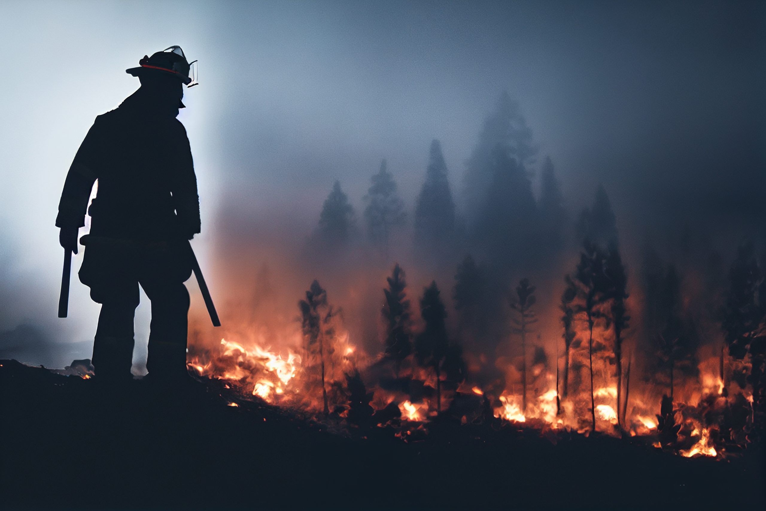 Wildfire scene: A silhouette of a firefighter