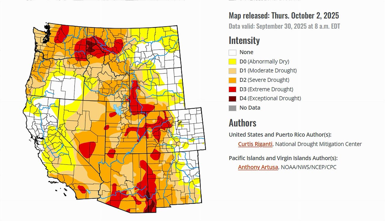 U.S. Drought Monitor map of the West released on October 2, 2025