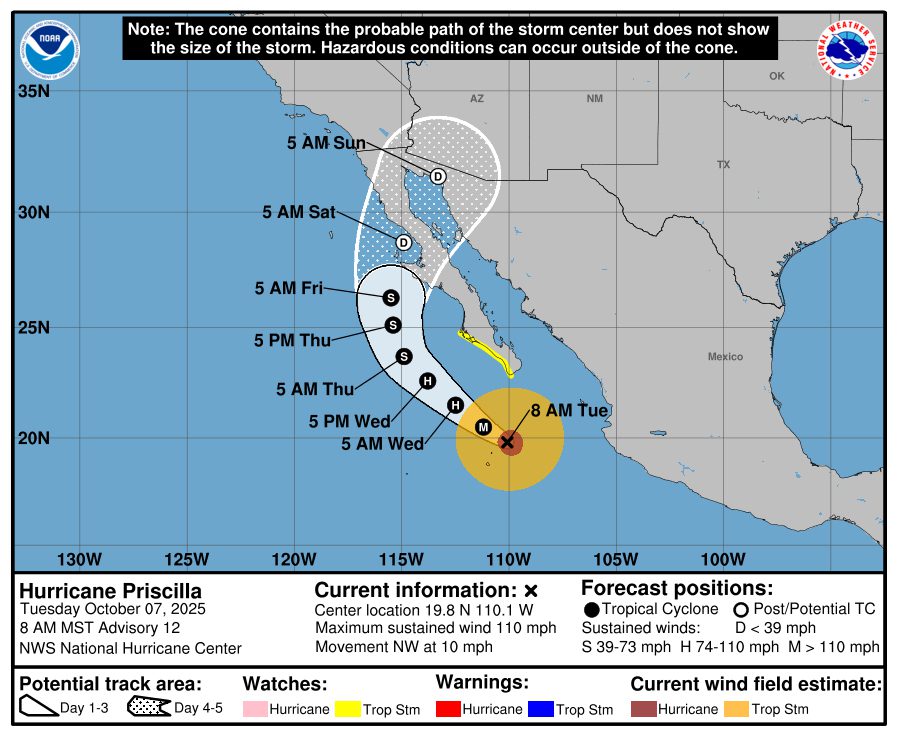 Hurricane Priscilla path per National Weather Service