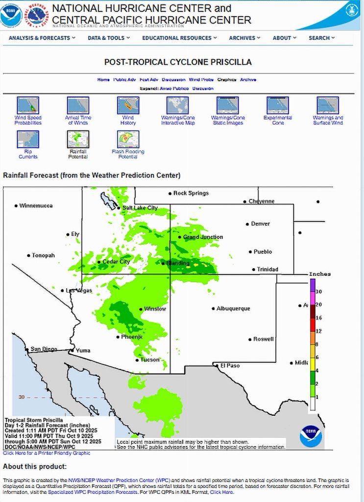 Predicted rainfall from Hurricane Priscilla