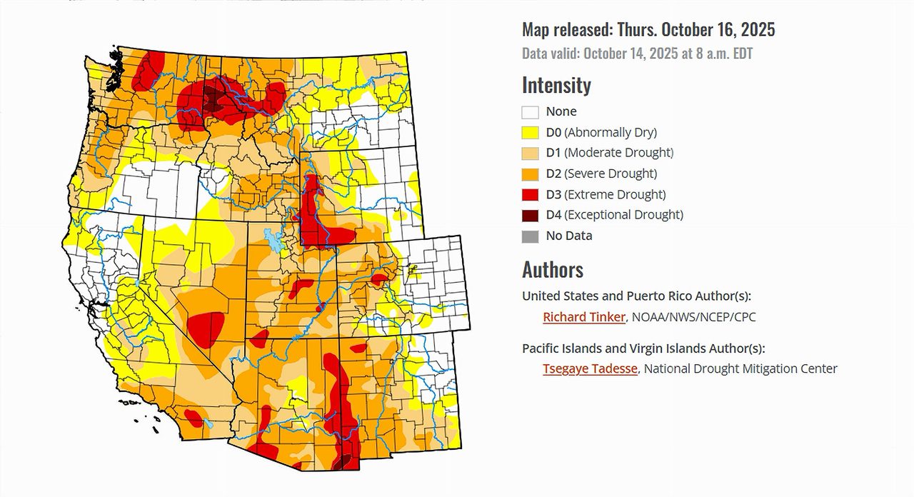 The US drought monitor map for the west, issued October 16, 2025