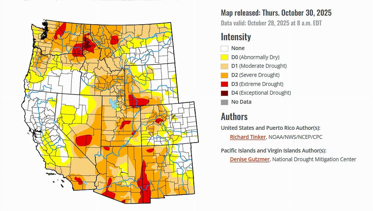 US Drought Monitor map of the West released October 30, 2025 shows relief in the west