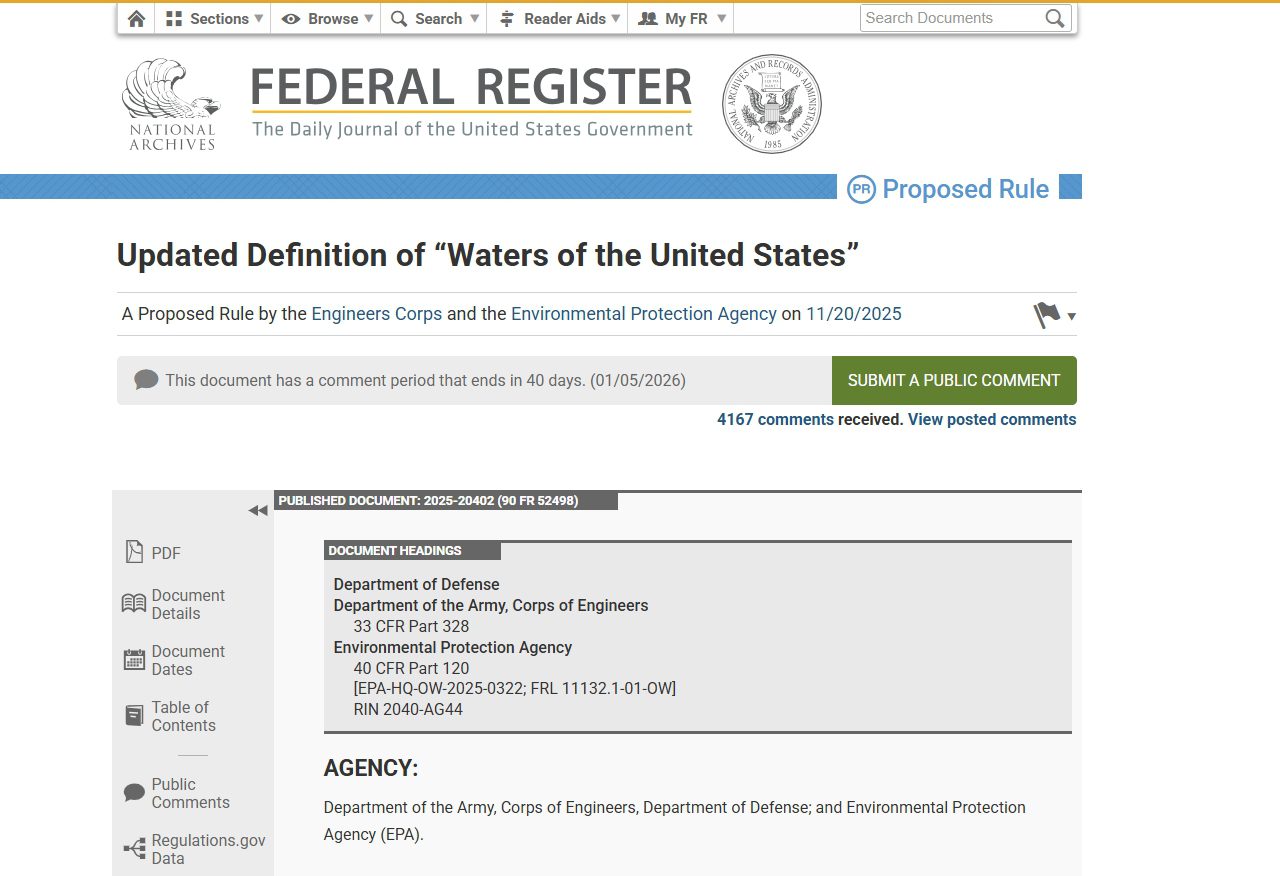 Screenshot of the Federal Register notice re: WOTUS (waters of the US)