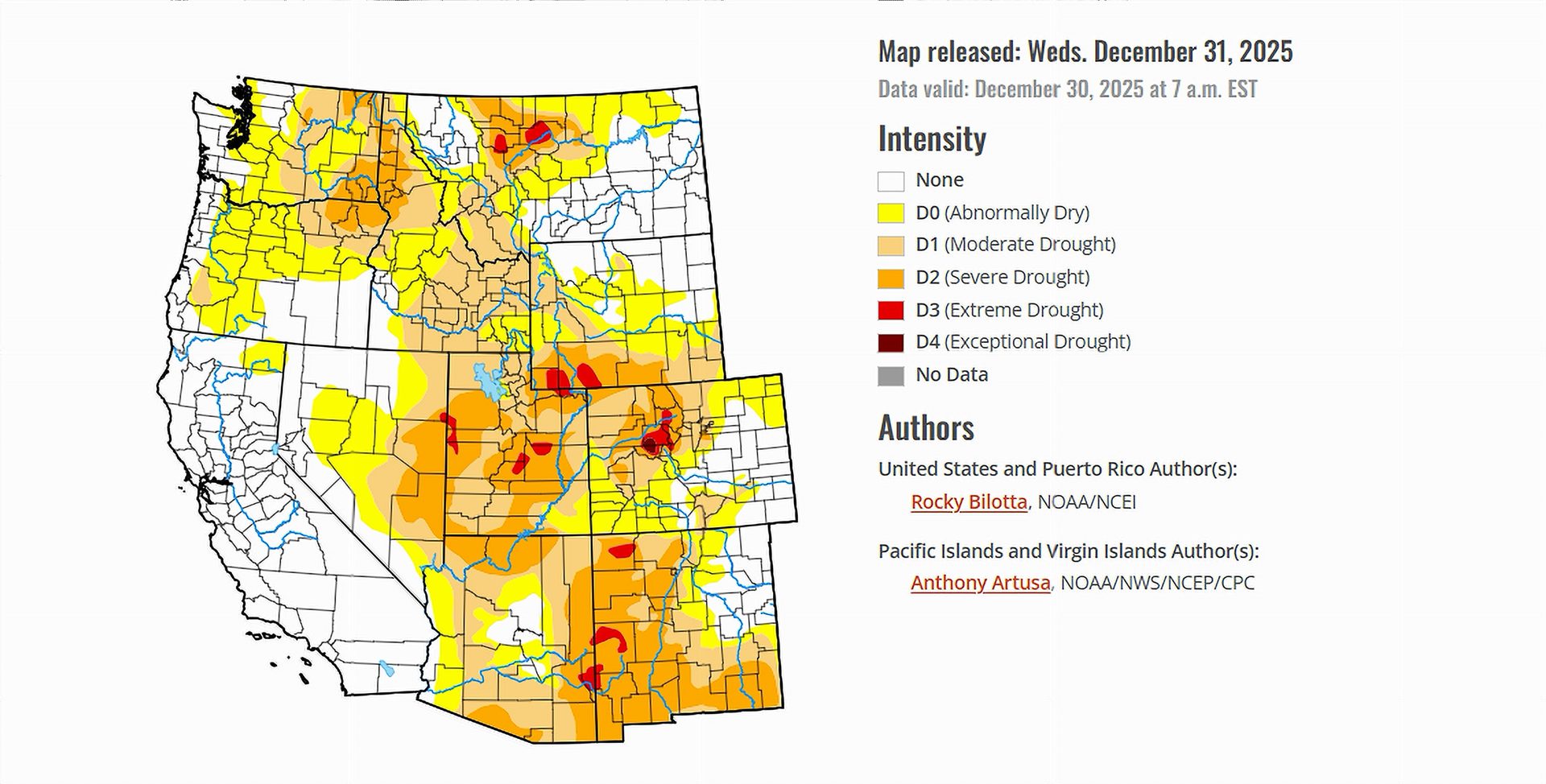 US Drought Monitor map released on December 31, 2025