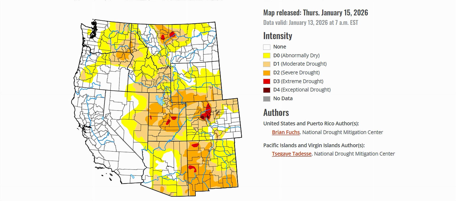 Drought Monitor Map showing southwest drought, released on January 15, 2026