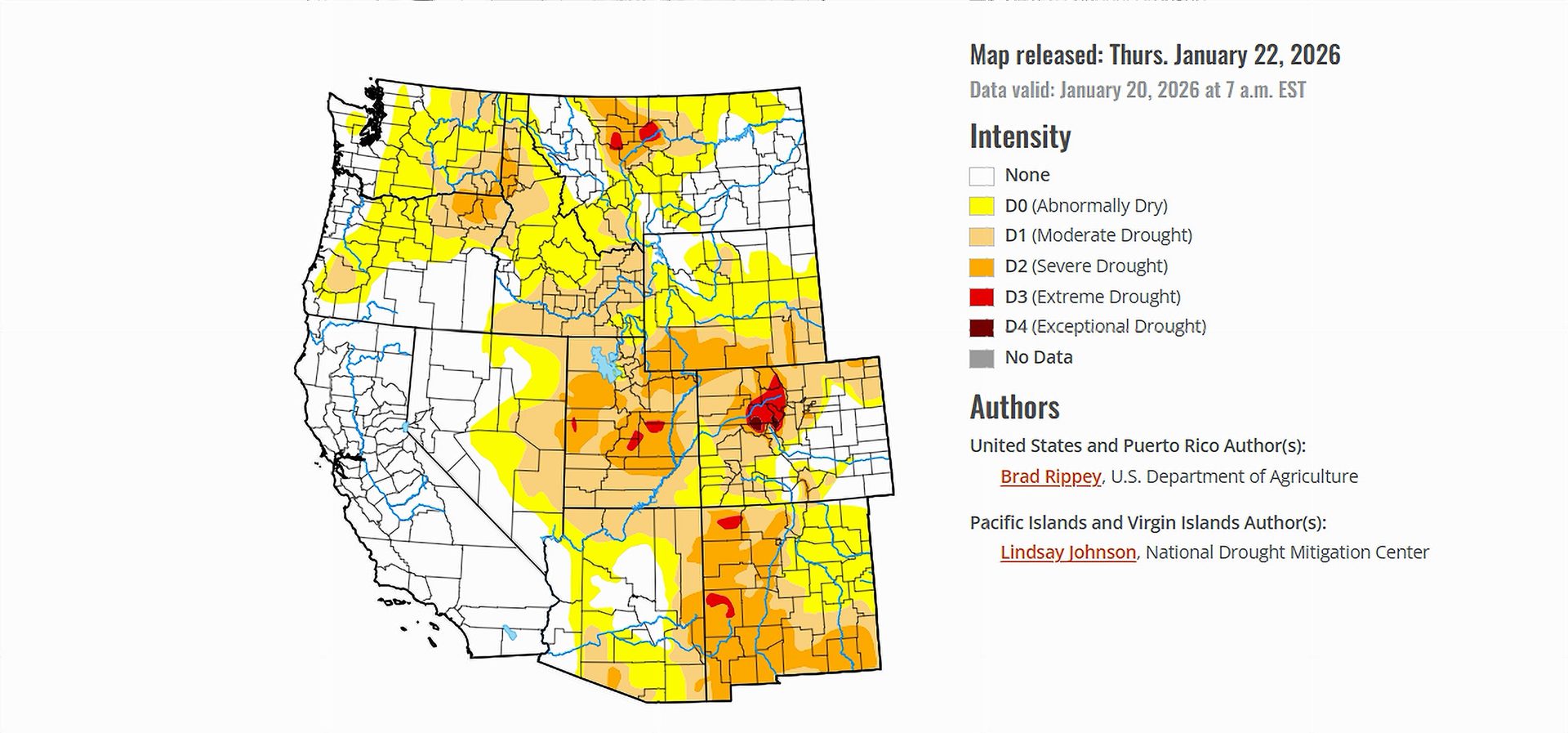 January 22, 2026 Drought Monitor map of the west