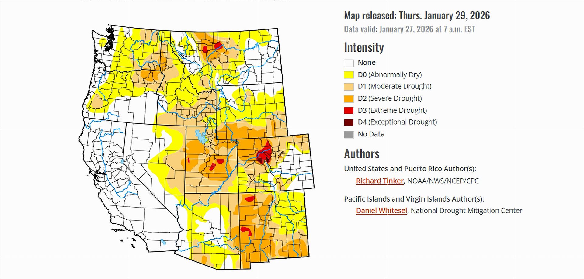 Drought monitor map of the West released on January 29, 2026