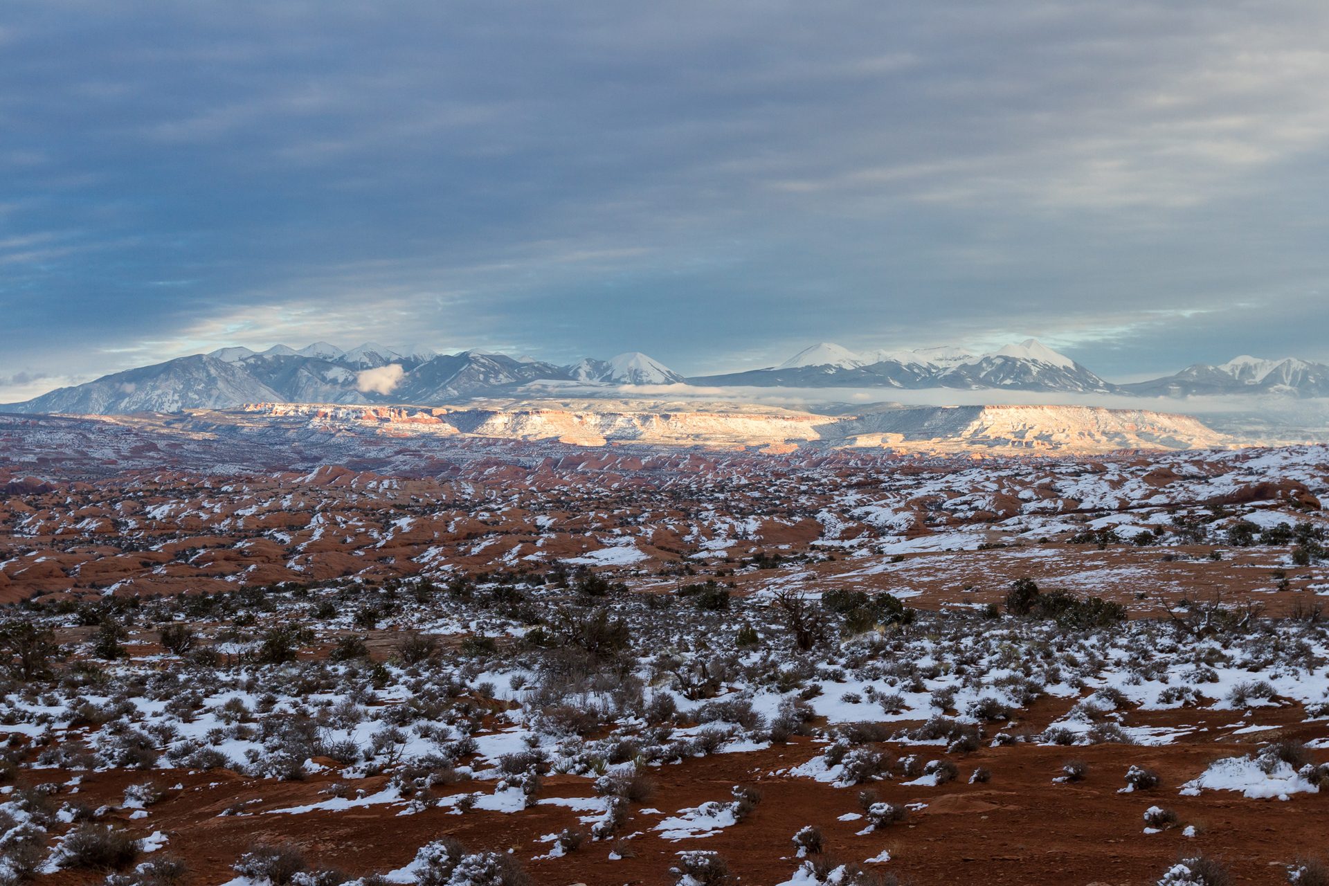 View of Utah's La Sal Mountains showing some snow