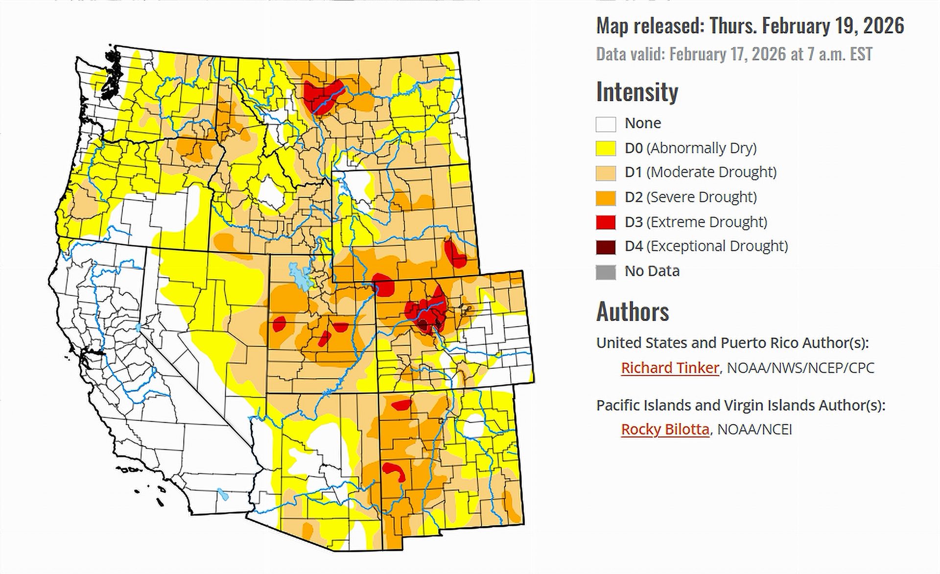 Drought Monitor map of the Western US issued on February 19, 2026