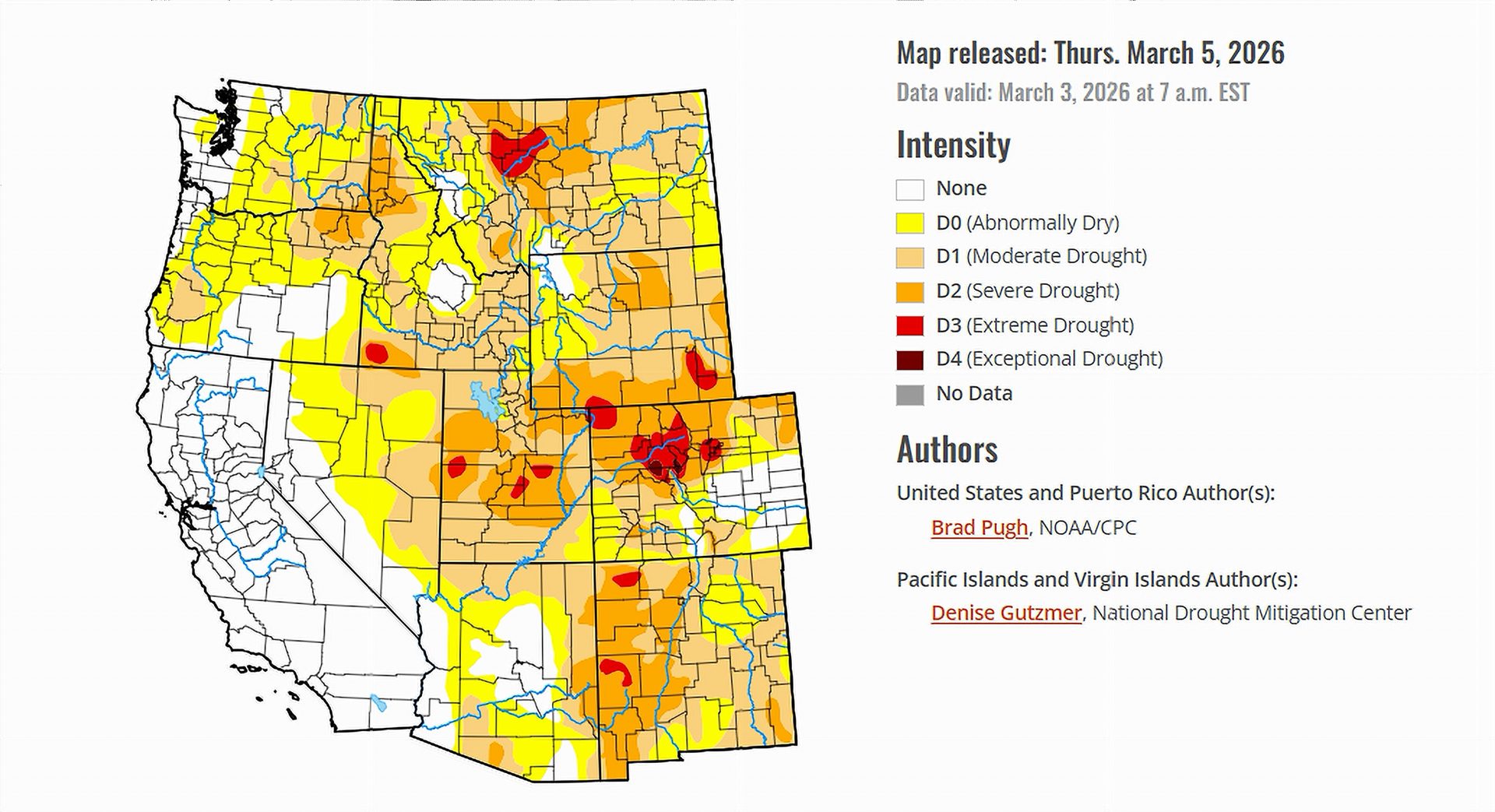 U.S. Drought Monitor Map of the Western United States issued March 5, 2026