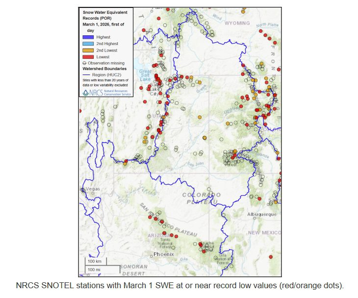 SNOTEL map in March 1 2026 report
