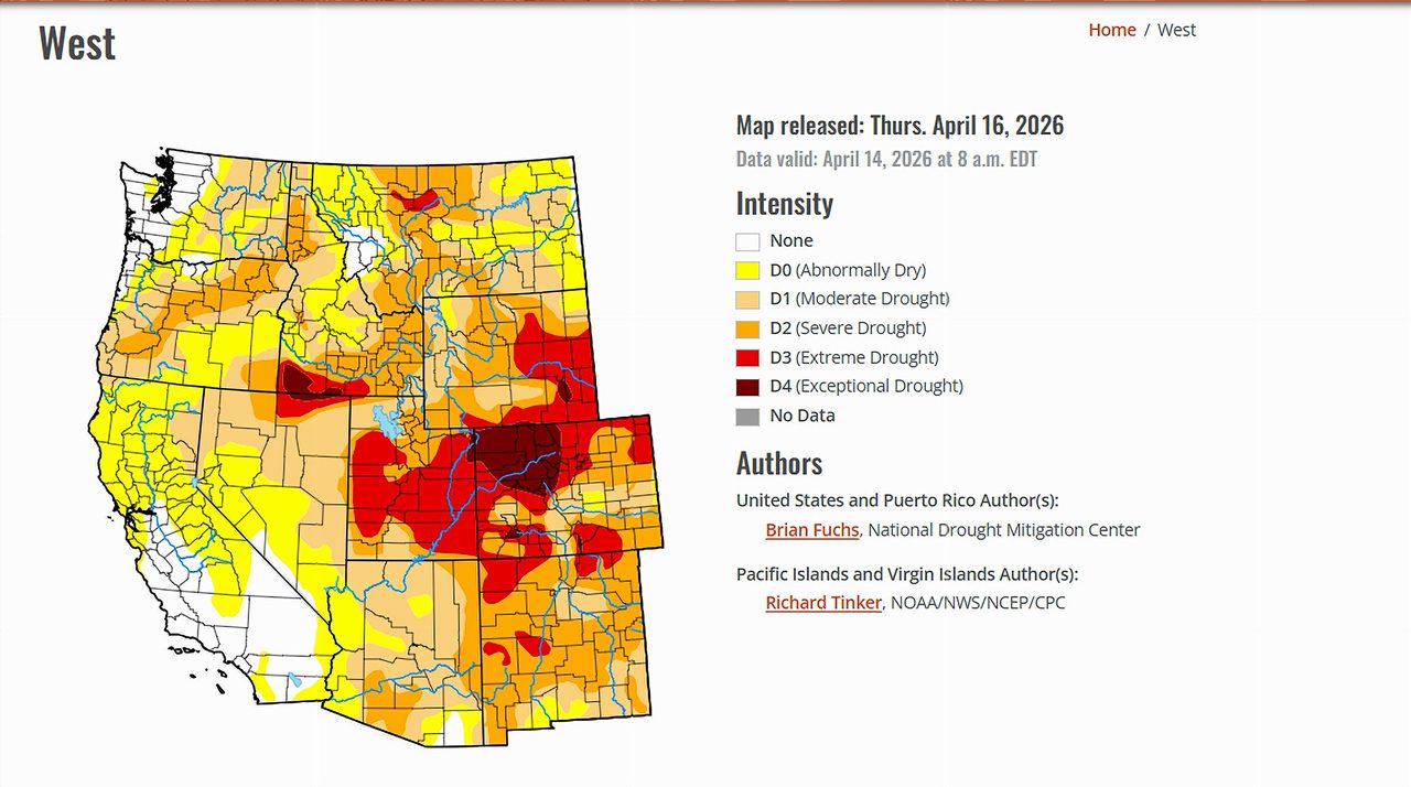 U.S. Drought Monitor Map showing western drought as of April 16